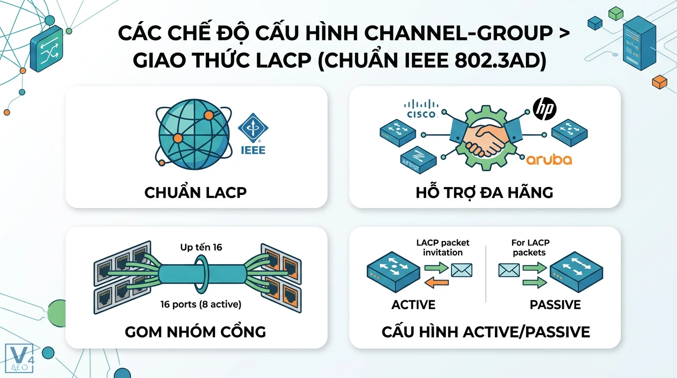 Default channel group là gì? Cấu hình EtherChannel chuẩn Cisco 2 Giao thức LACP IEEE 802.3ad hỗ trợ kết nối đa hãng Cisco HP Aruba với cơ chế gom nhóm cổng và các chế độ cấu hình Active hoặc Passive