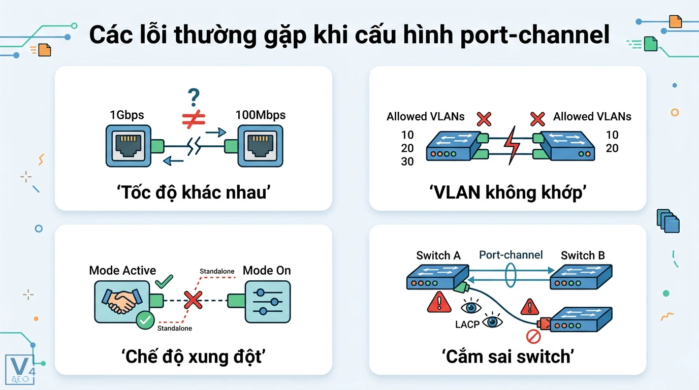 Default channel group là gì? Cấu hình EtherChannel chuẩn Cisco 3 Lỗi cấu hình port-channel do bất đồng tốc độ, sai lệch VLAN allowed, xung đột chế độ Active với On và lỗi kết nối vật lý cắm sai switch