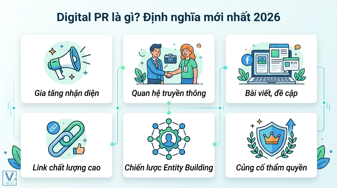 Digital PR là gì? Cách xây dựng Entity và tối ưu AI Search 2026 1 Digital PR gia tăng nhận diện qua quan hệ truyền thông, bài viết, link chất lượng cao hỗ trợ Entity Building và củng cố thẩm quyền