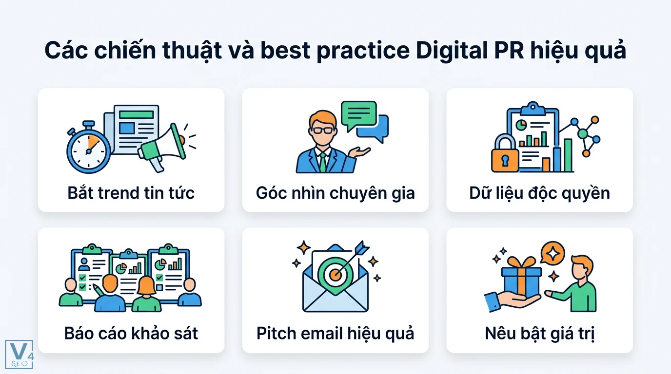 Digital PR là gì? Cách xây dựng Entity và tối ưu AI Search 2026 2 Các chiến thuật Digital PR hiệu quả gồm bắt trend tin tức, góc nhìn chuyên gia, dữ liệu độc quyền, báo cáo khảo sát và pitch email nêu bật giá trị
