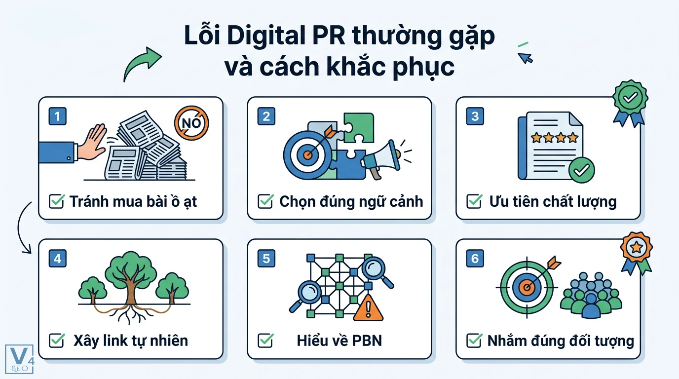 Digital PR là gì? Cách xây dựng Entity và tối ưu AI Search 2026 3 Lỗi Digital PR thường gặp và cách khắc phục bằng việc xây link tự nhiên, hiểu về PBN, ưu tiên chất lượng và nhắm đúng đối tượng mục tiêu