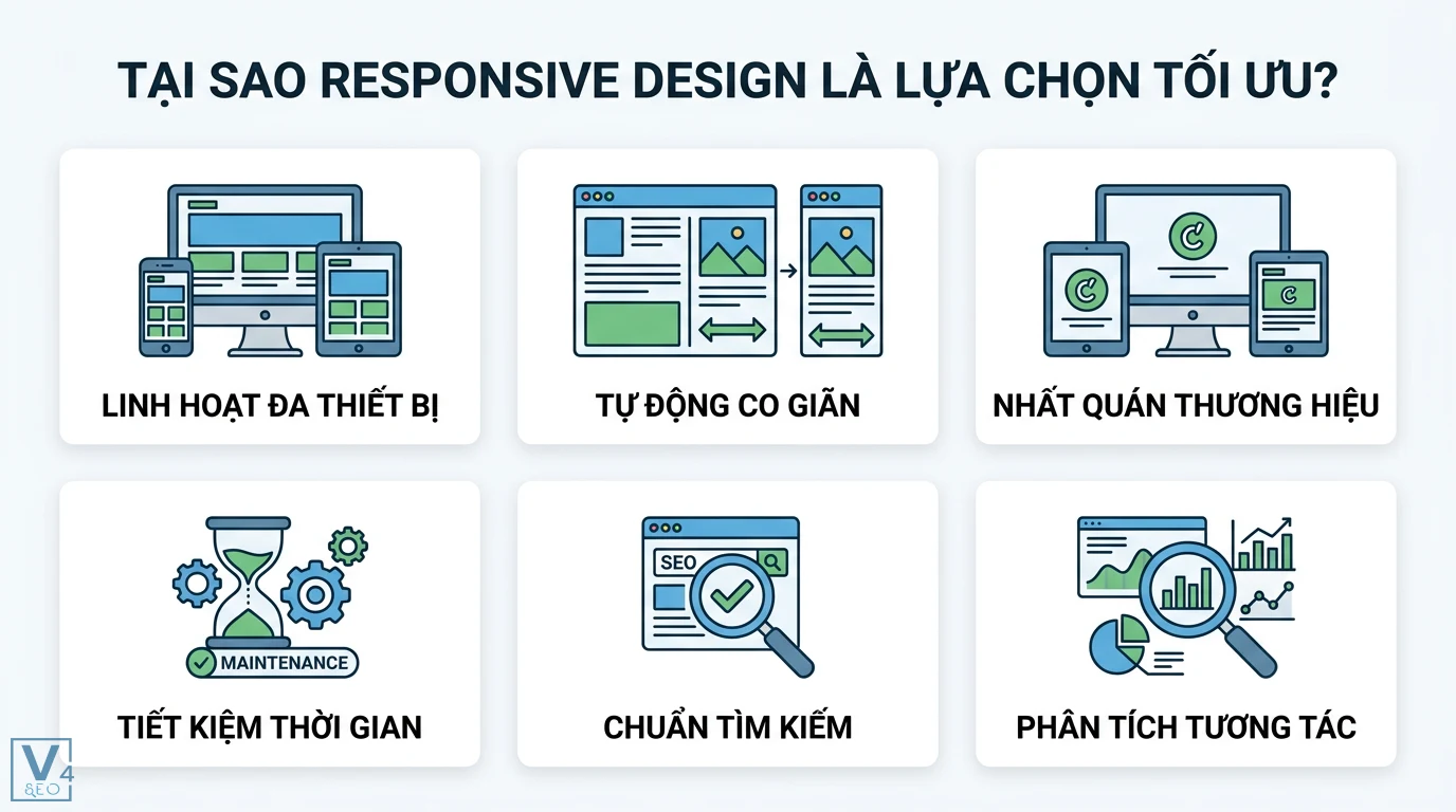 Dimension landing page là gì? Kích thước chuẩn UX và Mobile-first 2 Responsive design linh hoạt đa thiết bị, tự động co giãn, nhất quán thương hiệu, tiết kiệm thời gian, chuẩn tìm kiếm và phân tích tương tác