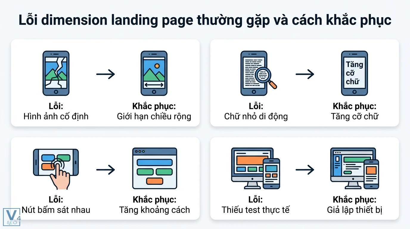 Dimension landing page là gì? Kích thước chuẩn UX và Mobile-first 3 Lỗi dimension landing page và cách xử lý qua việc giới hạn chiều rộng, tăng cỡ chữ di động, giãn cách nút bấm và giả lập thiết bị thực tế