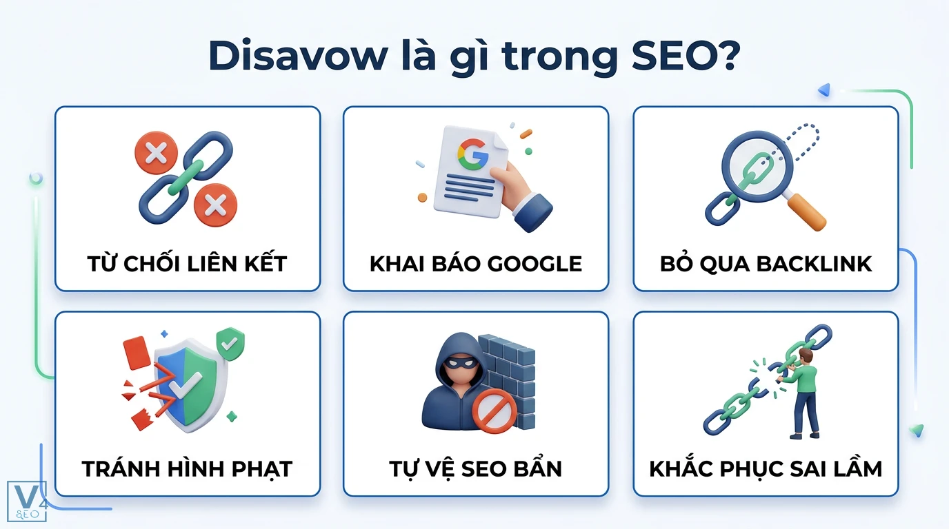 Disavow là gì? Cách chặn backlink bẩn và lưu ý tránh tụt hạng 1 Disavow là gì trong SEO gồm từ chối liên kết, khai báo Google, bỏ qua backlink để tránh hình phạt, tự vệ SEO bẩn và khắc phục sai lầm