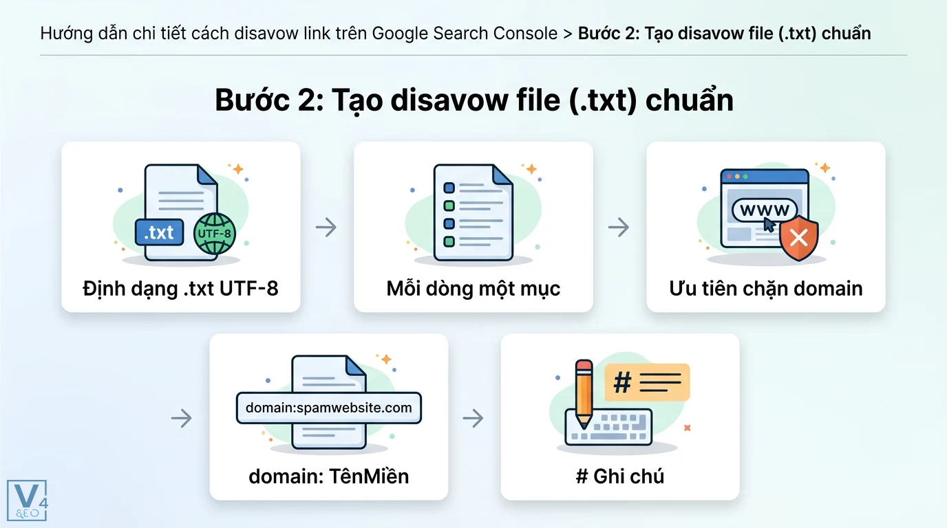 Disavow là gì? Cách chặn backlink bẩn và lưu ý tránh tụt hạng 2 Các bước tạo file disavow .txt chuẩn mã hóa UTF-8 giúp chặn domain spam, liệt kê mỗi dòng một URL và sử dụng ghi chú bằng dấu thăng hợp lệ