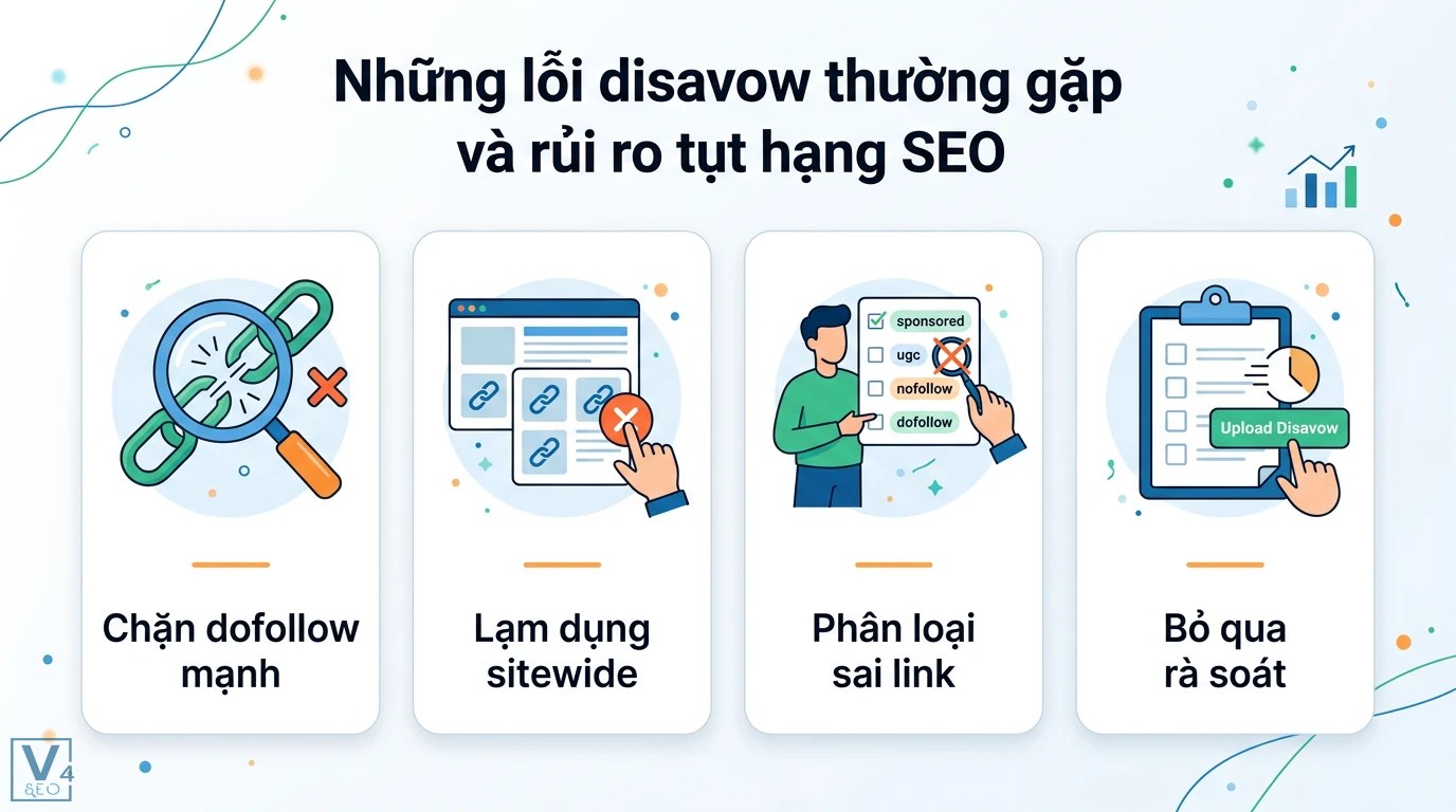Disavow là gì? Cách chặn backlink bẩn và lưu ý tránh tụt hạng 3 Những lỗi disavow gây tụt hạng SEO như chặn nhầm link dofollow, lạm dụng sitewide, phân loại sai thuộc tính link và thiếu rà soát thủ công