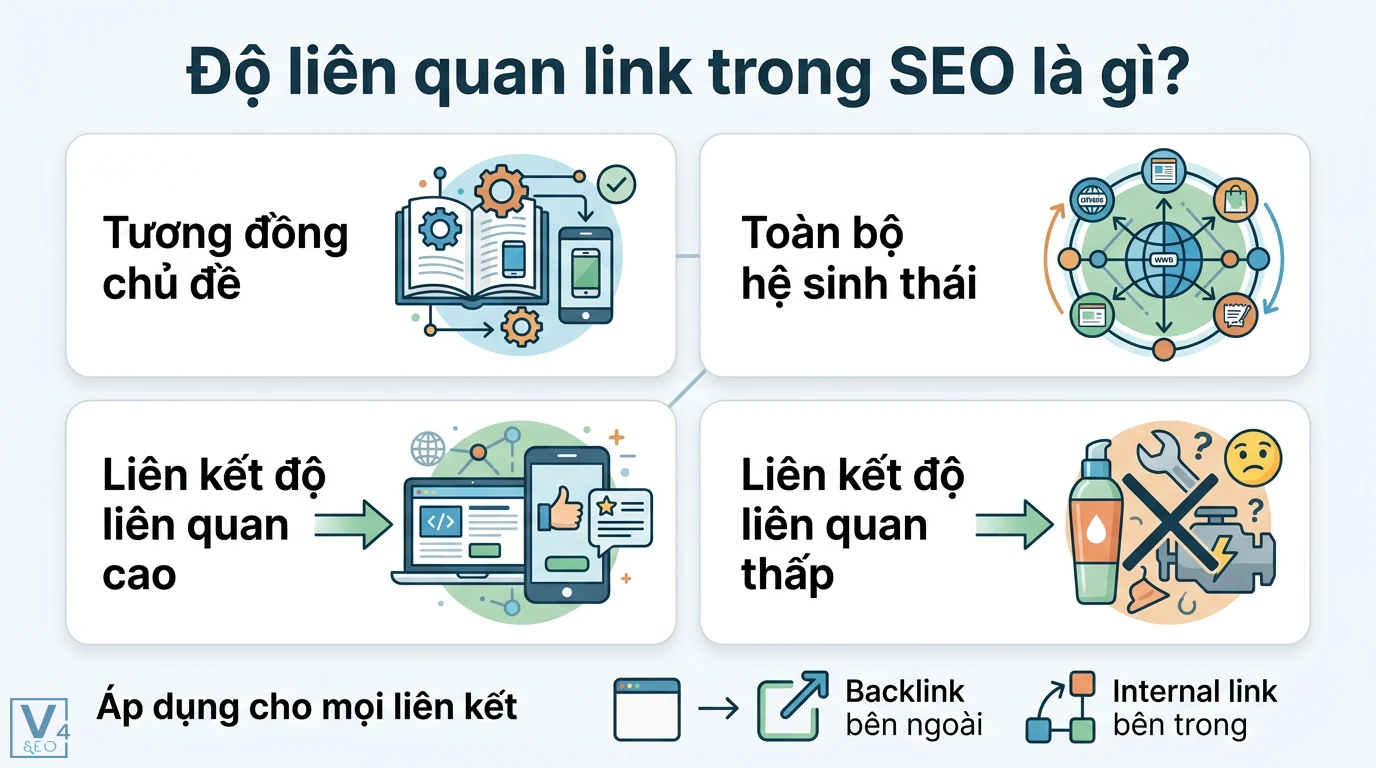 Độ liên quan link là gì? Vai trò của Topical Authority trong SEO 1 Độ liên quan link trong SEO gồm tương đồng chủ đề, hệ sinh thái và phân biệt liên kết cao với thấp cho backlink và internal link