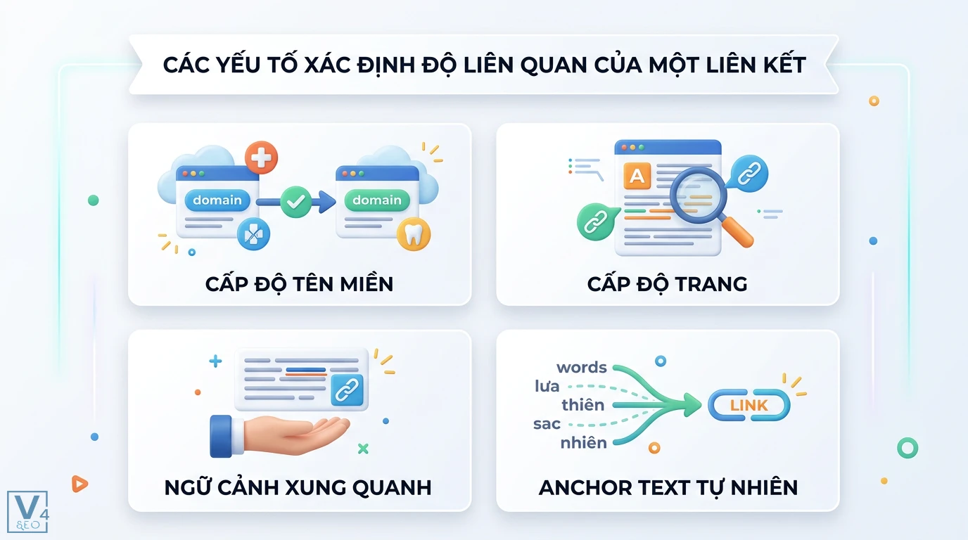 Độ liên quan link là gì? Vai trò của Topical Authority trong SEO 2 Các yếu tố xác định độ liên quan của một liên kết gồm cấp độ tên miền, cấp độ trang, ngữ cảnh xung quanh và anchor text tự nhiên
