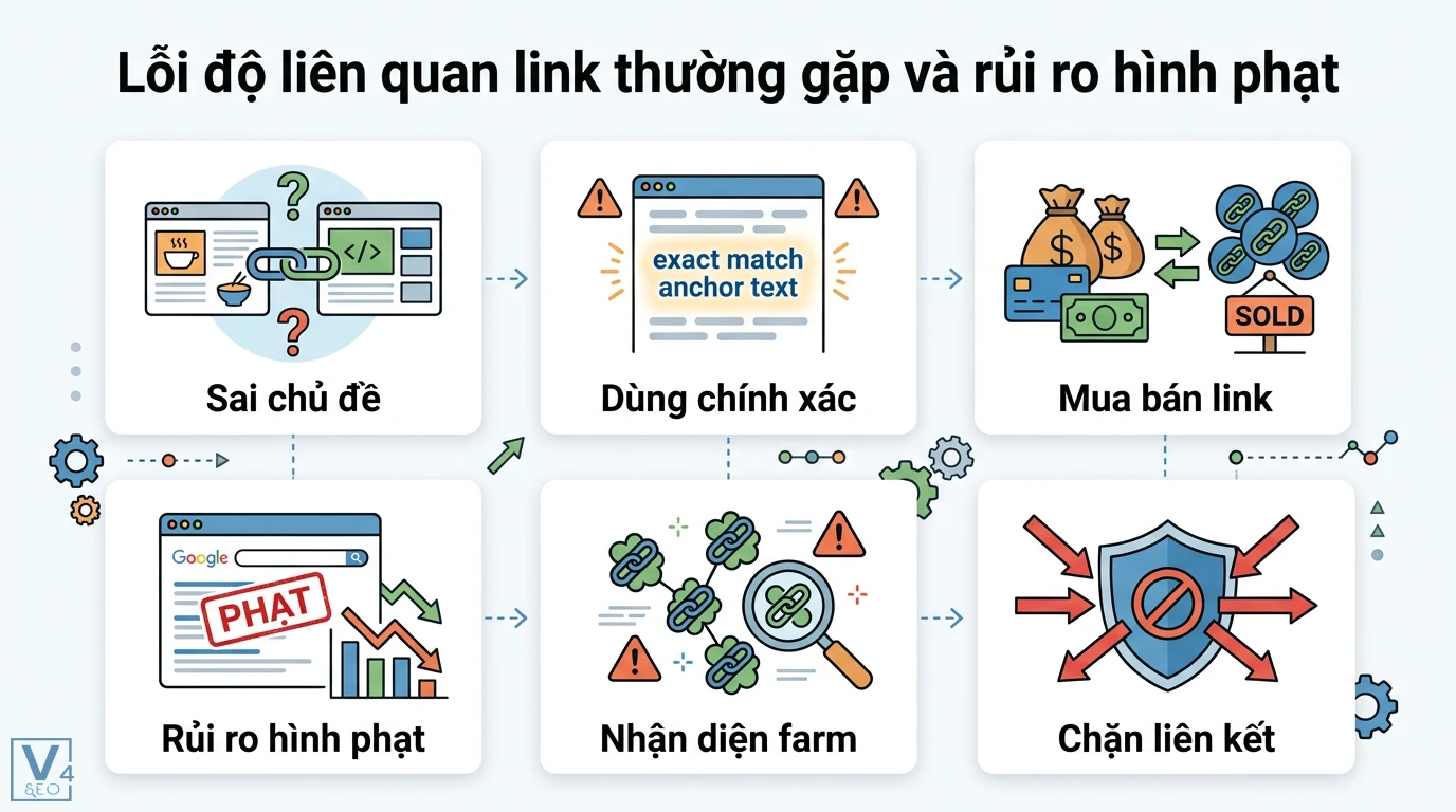 Độ liên quan link là gì? Vai trò của Topical Authority trong SEO 3 Lỗi liên kết sai chủ đề, anchor text chính xác, mua bán link gây rủi ro hình phạt Google và nhận diện link farm để chặn liên kết độc hại