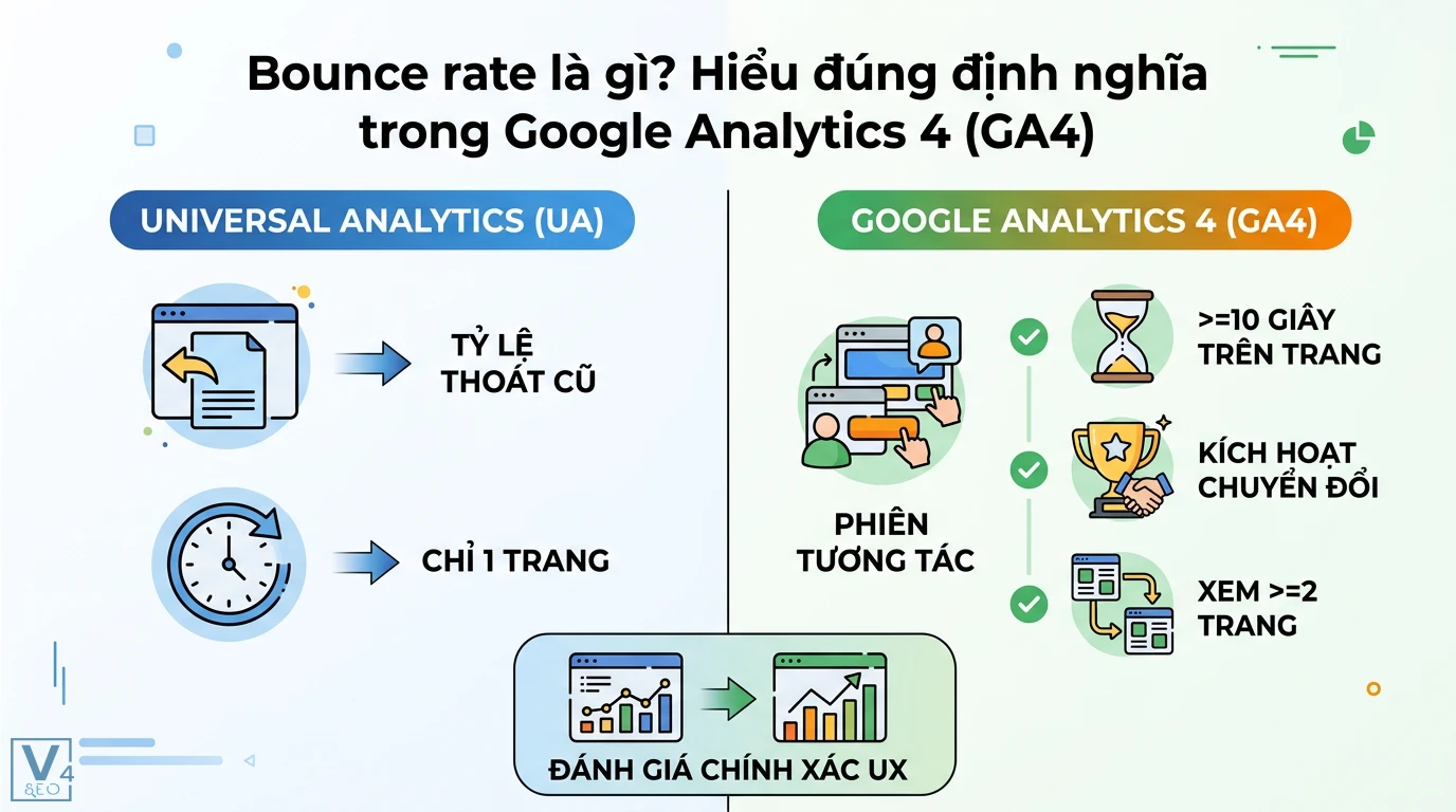 Đo lường và tối ưu tỷ lệ thoát trang (Bounce Rate) chuẩn GA4 2026 1 So sánh Bounce rate giữa UA và GA4 dựa trên phiên tương tác, thời gian trên 10 giây và chuyển đổi để đánh giá chính xác UX