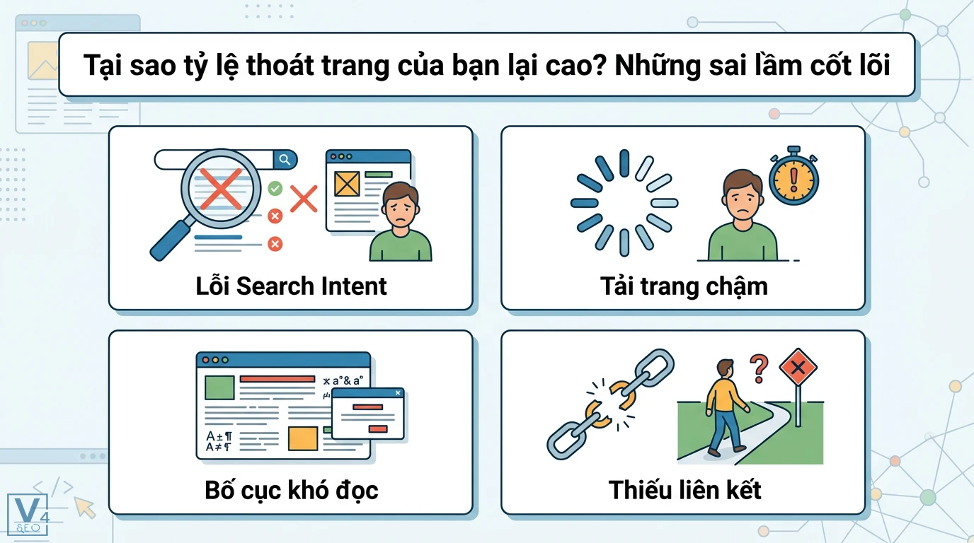 Đo lường và tối ưu tỷ lệ thoát trang (Bounce Rate) chuẩn GA4 2026 2 Tỷ lệ thoát trang cao do lỗi Search Intent, tốc độ tải trang chậm, nội dung khó đọc và thiếu liên kết nội bộ điều hướng người dùng