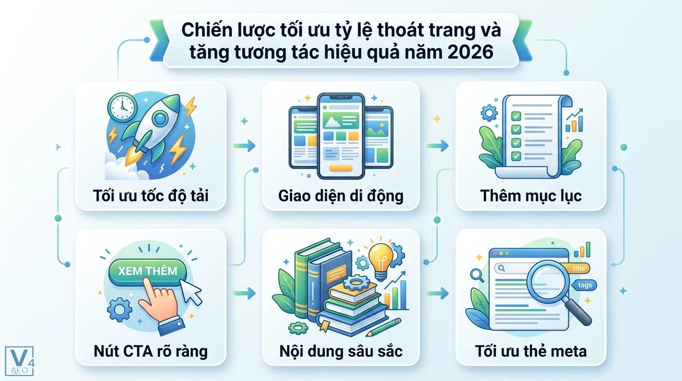 Đo lường và tối ưu tỷ lệ thoát trang (Bounce Rate) chuẩn GA4 2026 3 Chiến lược tối ưu tỷ lệ thoát trang gồm tốc độ tải, giao diện di động, mục lục bài viết, nút CTA, nội dung sâu sắc và tối ưu hóa thẻ meta