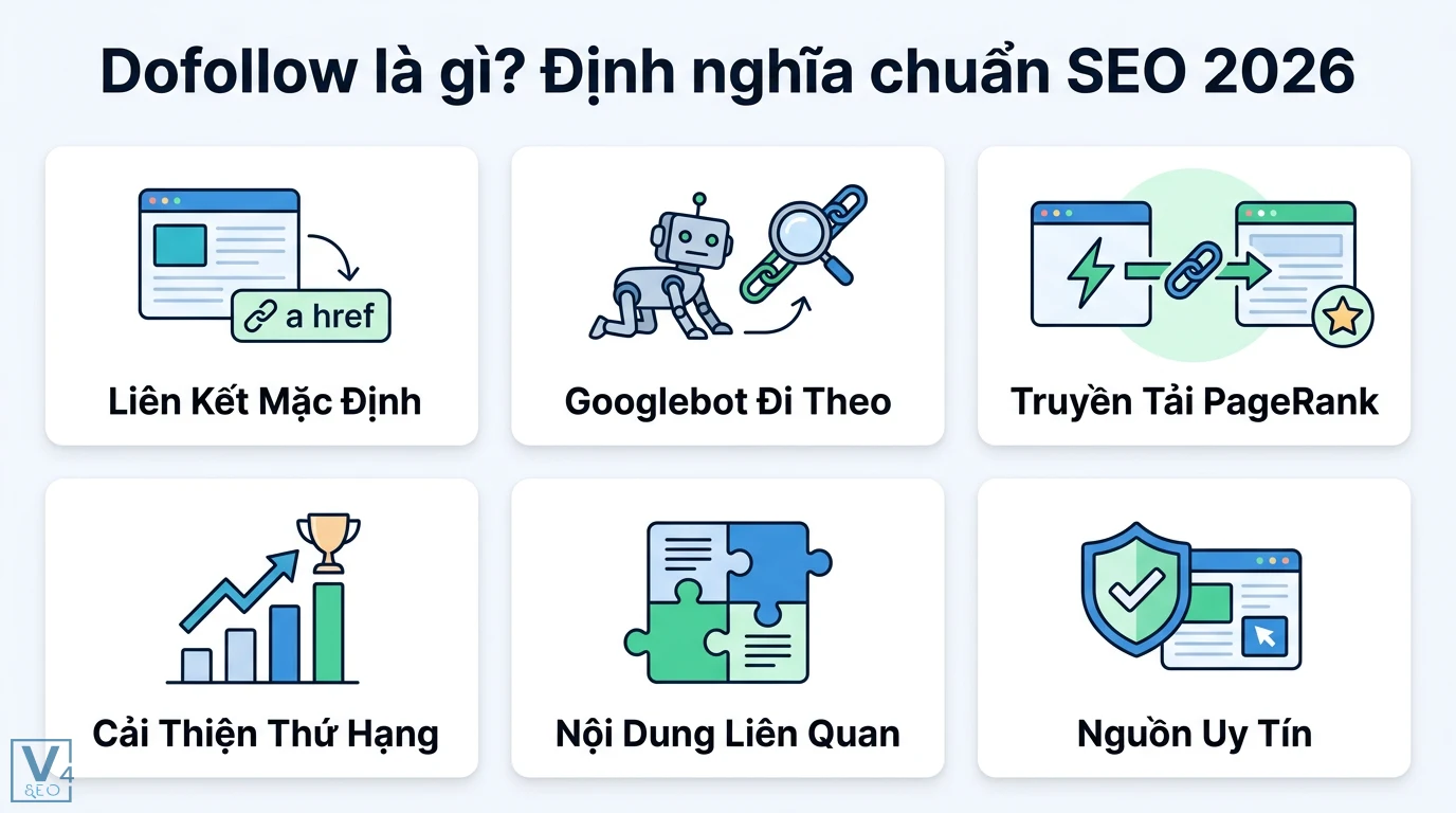 Dofollow là gì? Cách tối ưu PageRank và backlink chuẩn SEO 2026 1 Dofollow là liên kết a href mặc định giúp Googlebot đi theo truyền tải PageRank cải thiện thứ hạng từ nội dung liên quan và nguồn uy tín