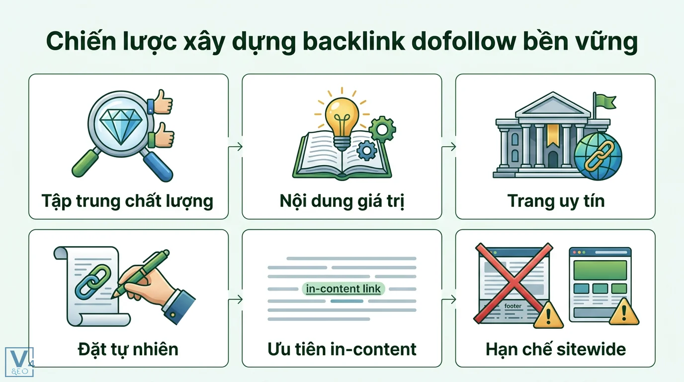 Dofollow là gì? Cách tối ưu PageRank và backlink chuẩn SEO 2026 2 Chiến lược xây dựng backlink dofollow bền vững tập trung nội dung giá trị từ trang uy tín và ưu tiên in-content link thay vì sitewide link