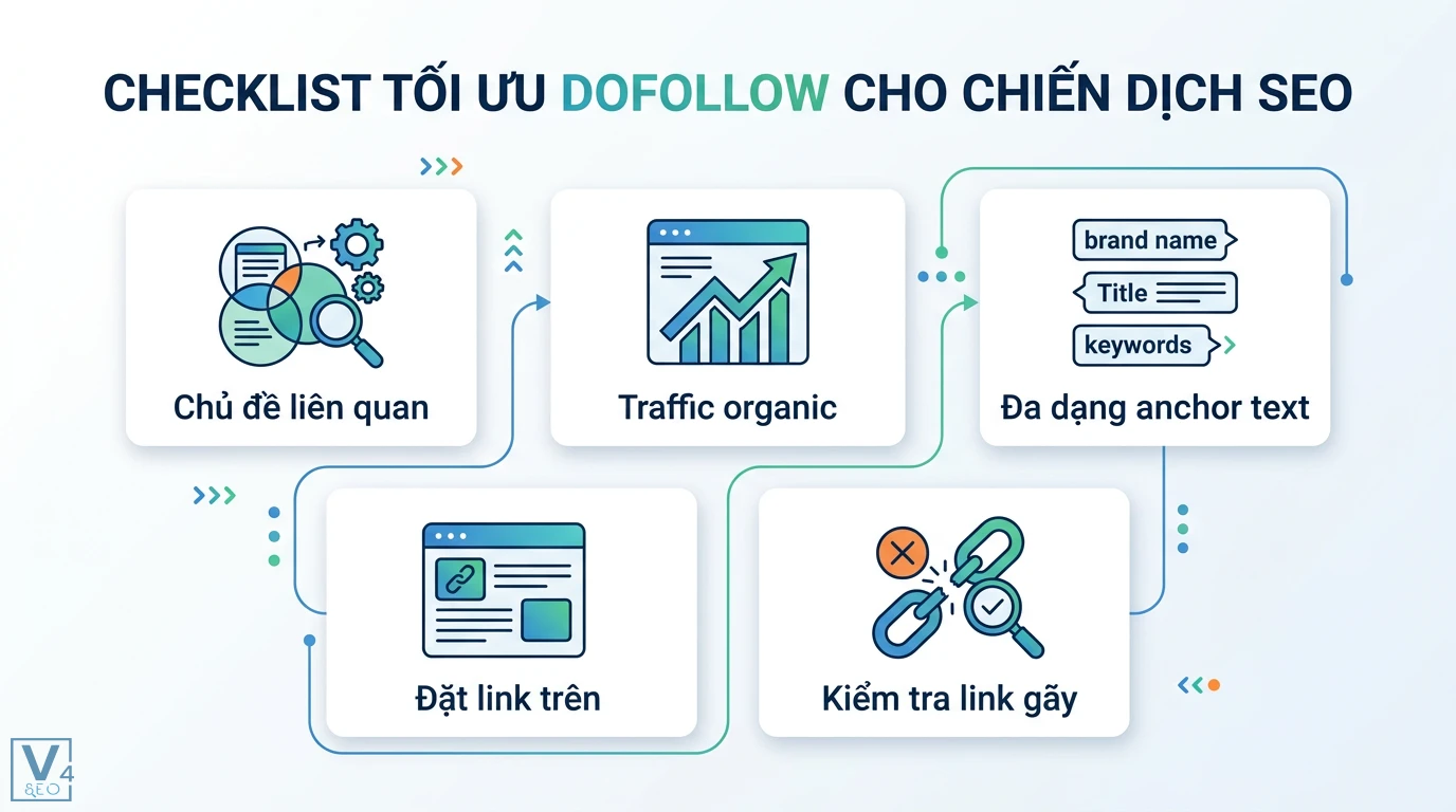 Dofollow là gì? Cách tối ưu PageRank và backlink chuẩn SEO 2026 3 Checklist tối ưu dofollow cho chiến dịch SEO qua kiểm tra chủ đề liên quan, traffic organic, đa dạng anchor text, vị trí link và link gãy