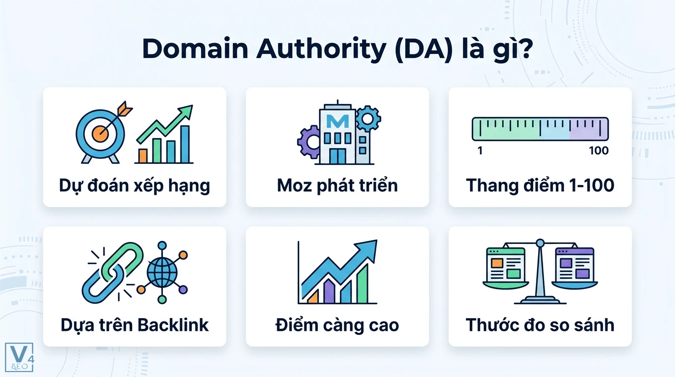 Domain Authority (metric) là gì? Hiểu đúng và cách tăng DA bền vững 1 Domain Authority (DA) là chỉ số dự đoán xếp hạng do Moz phát triển dựa trên backlink và thang điểm 1-100 dùng làm thước đo so sánh website