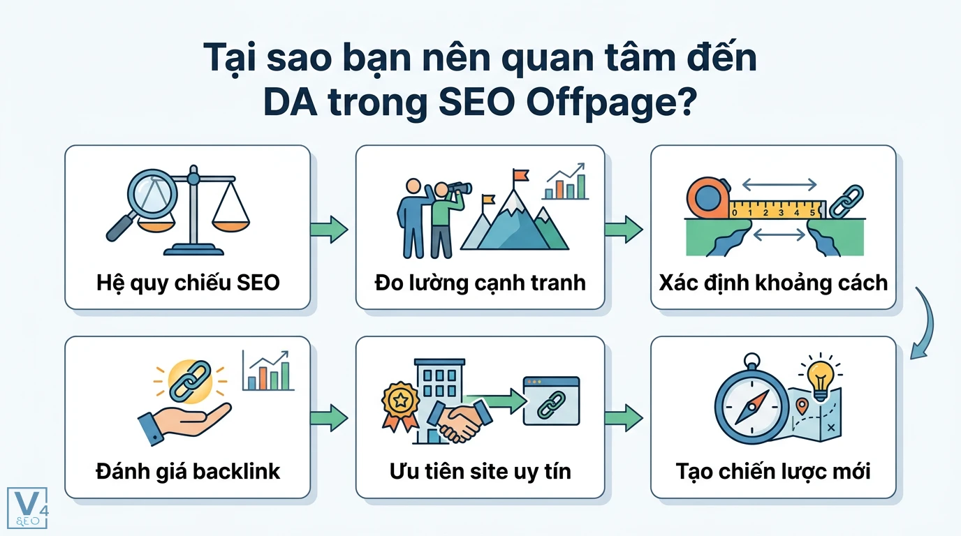 Domain Authority (metric) là gì? Hiểu đúng và cách tăng DA bền vững 2 Vai trò DA trong SEO Offpage giúp đo lường cạnh tranh, xác định khoảng cách, đánh giá backlink, ưu tiên site uy tín và tạo chiến lược mới