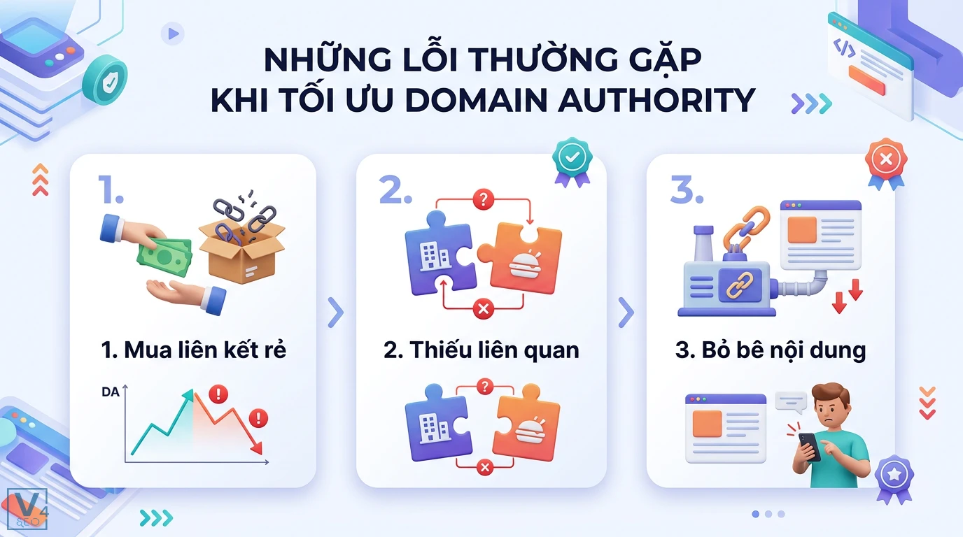 Domain Authority (metric) là gì? Hiểu đúng và cách tăng DA bền vững 3 Những lỗi tối ưu Domain Authority gồm mua liên kết rẻ gây sụt giảm DA, thiếu sự liên quan chủ đề và bỏ bê chất lượng nội dung bài viết