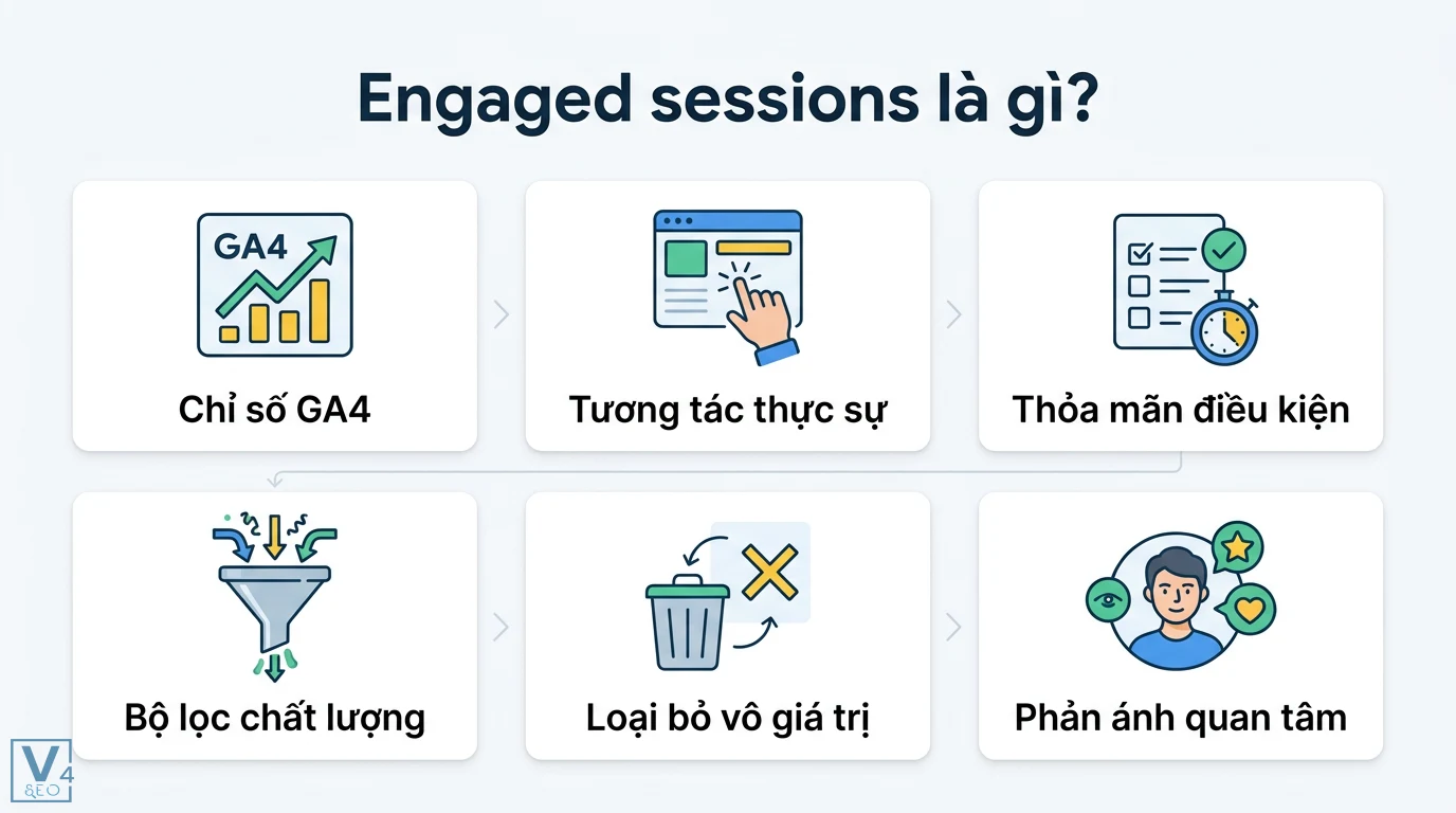 Engaged sessions là gì? Cách xem và tối ưu chỉ số này trong GA4 1 Engaged sessions trong GA4 là bộ lọc chất lượng ghi nhận tương tác thực sự, thỏa mãn điều kiện để phản ánh đúng quan tâm khách hàng