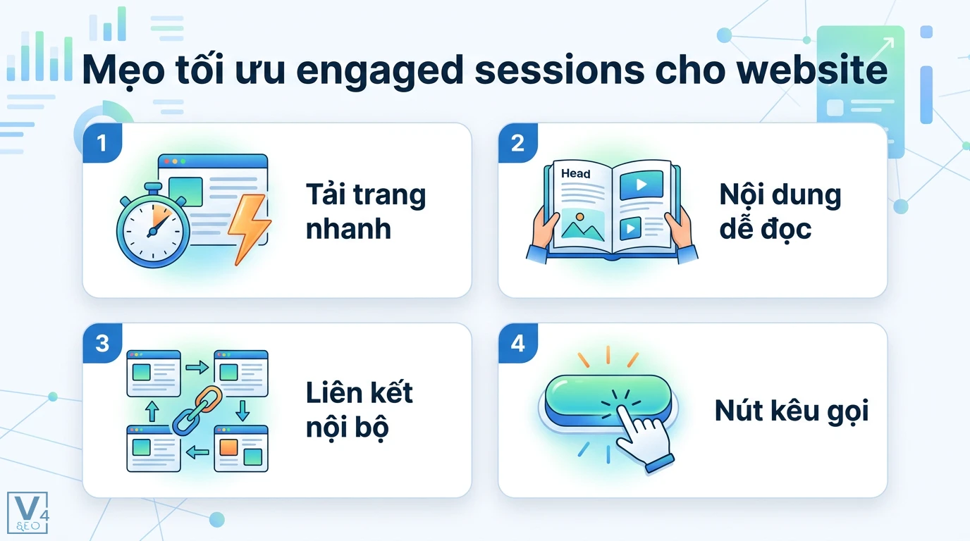 Engaged sessions là gì? Cách xem và tối ưu chỉ số này trong GA4 3 Mẹo tối ưu engaged sessions cho website qua tốc độ tải trang, nội dung dễ đọc, liên kết nội bộ và các nút kêu gọi hành động hiệu quả