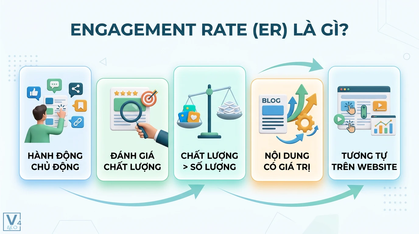 Engagement rate là gì? Cách tính và benchmark 2026 từ Hootsuite 1 Engagement rate (ER) đo lường hành động chủ động của người dùng để đánh giá chất lượng và giá trị nội dung trên mạng xã hội cũng như website