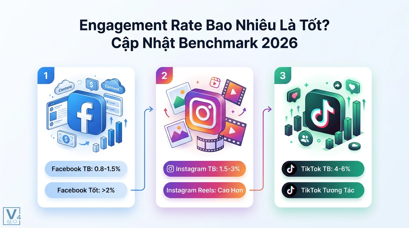 Engagement rate là gì? Cách tính và benchmark 2026 từ Hootsuite 2 Engagement rate benchmark 2026 trung bình của Facebook đạt 0.8-1.5%, Instagram từ 1.5-3% và TikTok dẫn đầu với tỷ lệ tương tác từ 4-6%