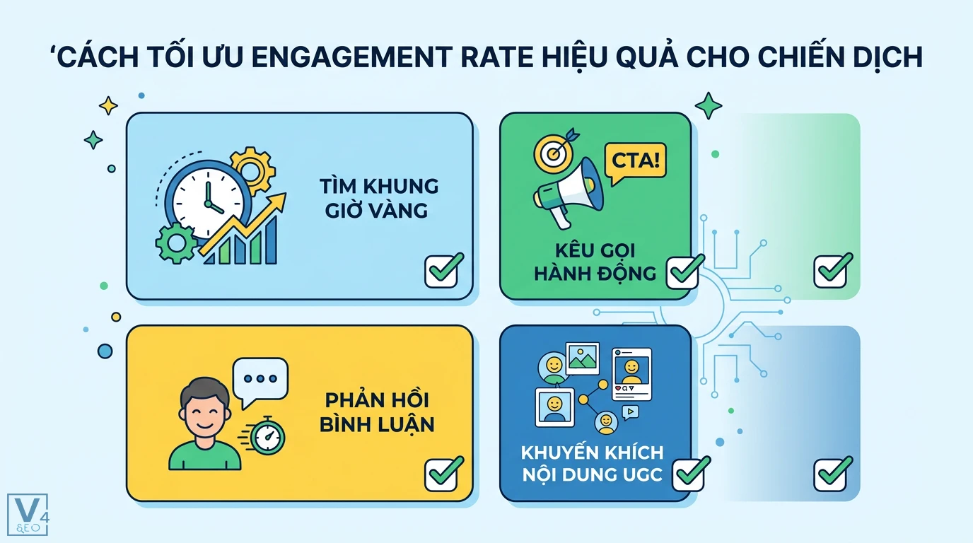 Engagement rate là gì? Cách tính và benchmark 2026 từ Hootsuite 3 Cách tối ưu engagement rate hiệu quả qua việc chọn khung giờ vàng, kêu gọi hành động CTA, phản hồi bình luận và khuyến khích nội dung UGC