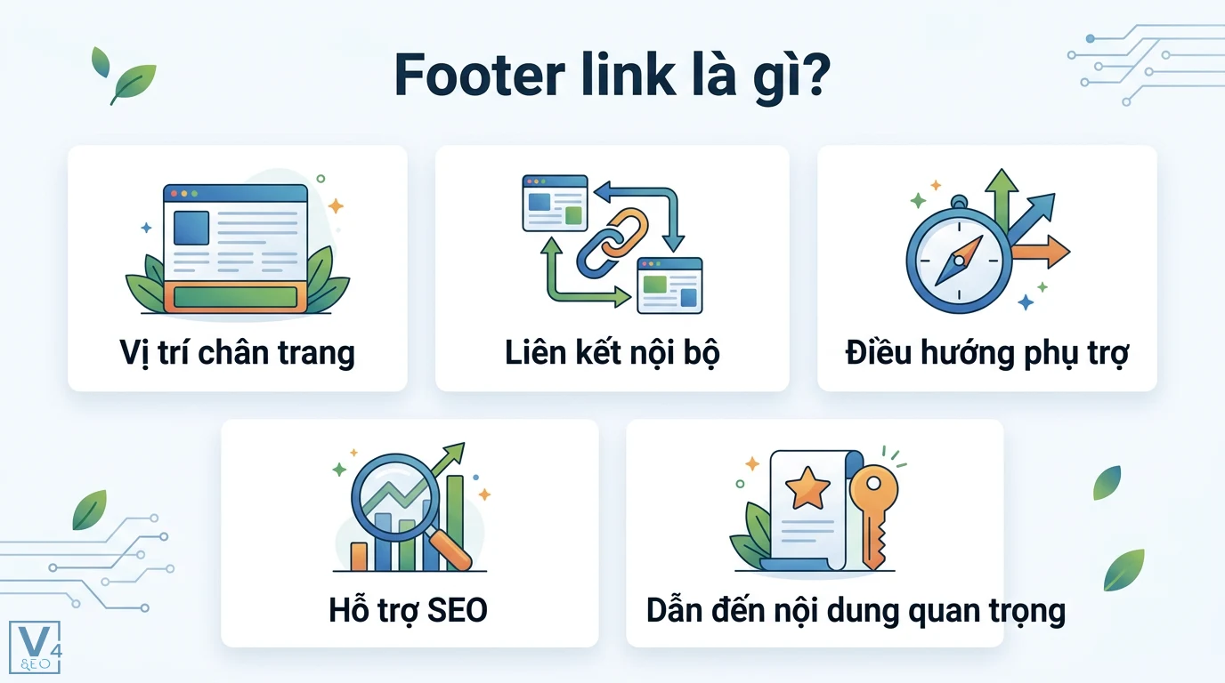 Footer link là gì? Cách tối ưu chân trang chuẩn SEO và tăng UX 1 Footer link là liên kết nội bộ tại vị trí chân trang hỗ trợ điều hướng phụ trợ và tối ưu hóa SEO bằng cách dẫn đến các nội dung quan trọng