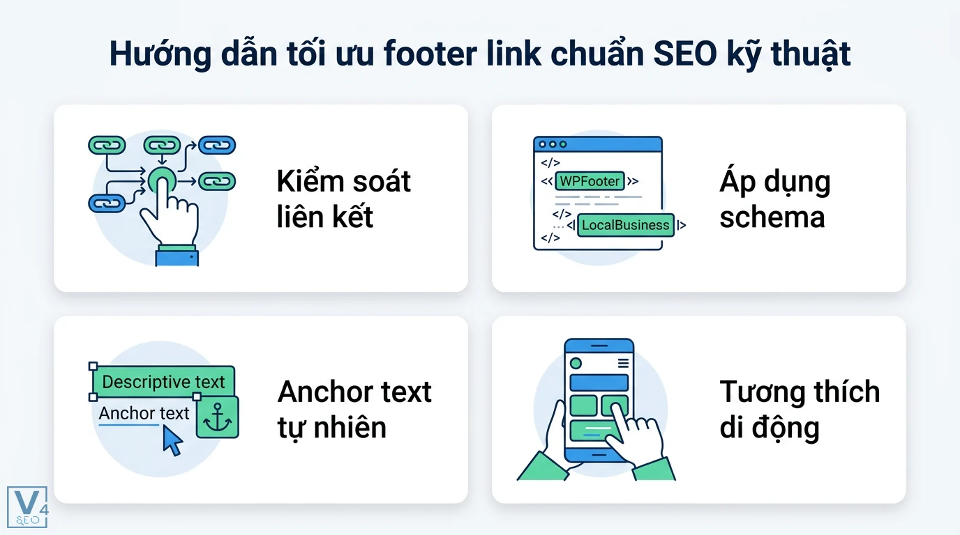 Footer link là gì? Cách tối ưu chân trang chuẩn SEO và tăng UX 2 Tối ưu footer link chuẩn SEO qua kiểm soát liên kết, áp dụng schema WPFooter, LocalBusiness, dùng anchor text tự nhiên, tương thích di động