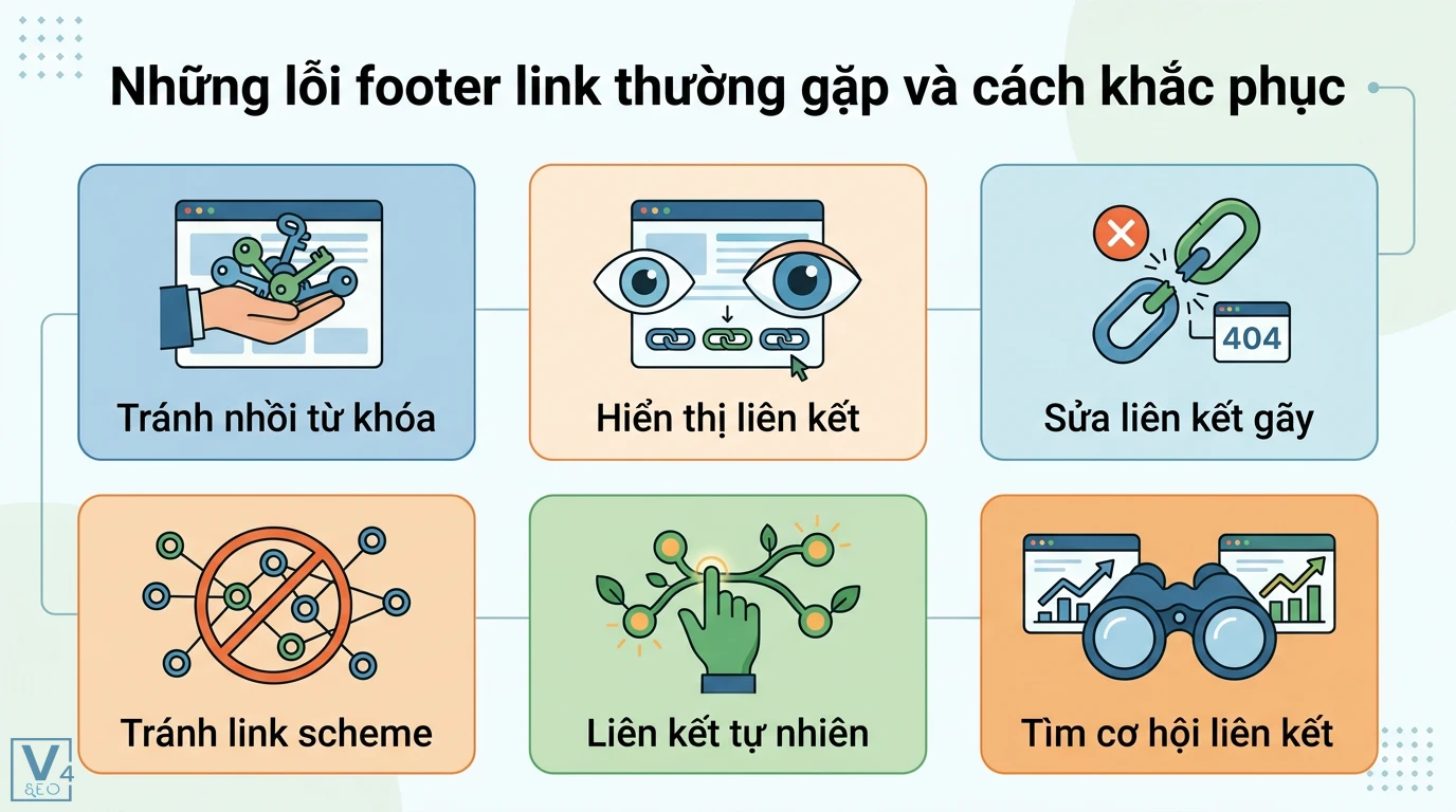 Footer link là gì? Cách tối ưu chân trang chuẩn SEO và tăng UX 3 Cách khắc phục lỗi footer link qua việc tránh nhồi từ khóa, hiển thị liên kết, sửa lỗi 404, tránh link scheme và tạo liên kết tự nhiên