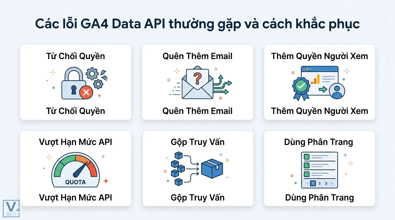 GA4 Data API là gì? Cách tự động hóa báo cáo không cần lập trình 3 Lỗi GA4 Data API thường gặp gồm từ chối quyền, vượt hạn mức quota và cách khắc phục bằng thêm email người xem, gộp truy vấn, dùng phân trang
