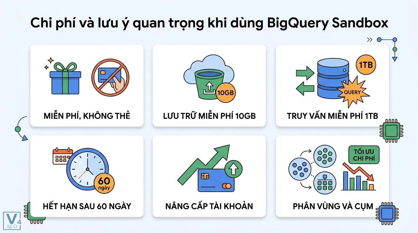 GA4 export BigQuery là gì? Lợi ích và lộ trình triển khai chi tiết 2 Chi phí BigQuery Sandbox gồm 10GB lưu trữ và 1TB truy vấn miễn phí, giới hạn 60 ngày cùng giải pháp tối ưu qua phân vùng và gom cụm dữ liệu