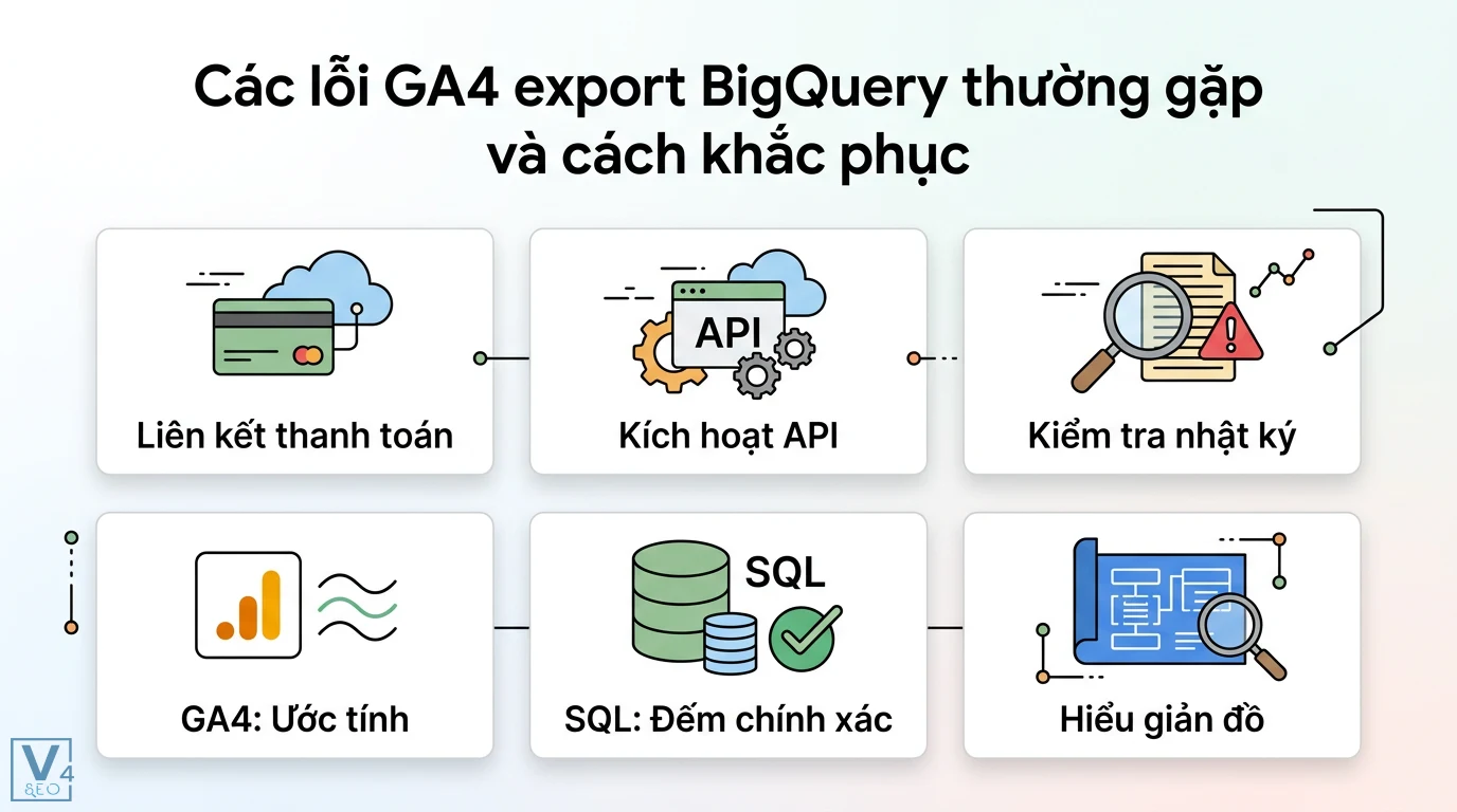 GA4 export BigQuery là gì? Lợi ích và lộ trình triển khai chi tiết 3 Các lỗi GA4 export BigQuery thường gặp và cách xử lý liên kết thanh toán, kích hoạt API, kiểm tra nhật ký và hiểu giản đồ dữ liệu GA4 với SQL