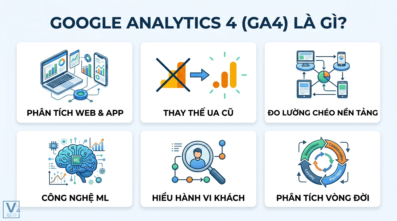 GA4 là gì? Hướng dẫn cài đặt và theo dõi sự kiện cho người mới 1 Google Analytics 4 GA4 thay thế UA cũ giúp phân tích web và app, đo lường chéo nền tảng bằng công nghệ ML để hiểu hành vi và vòng đời khách hàng