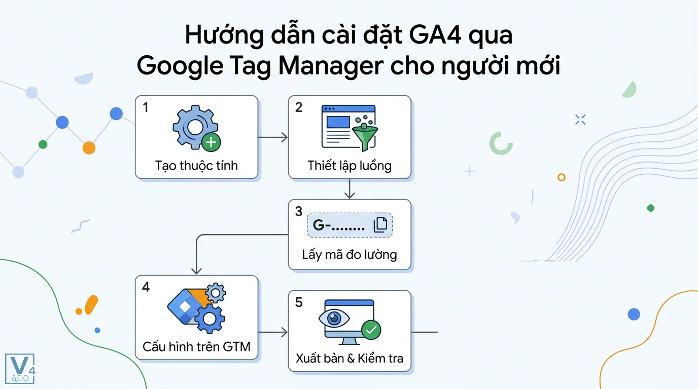 GA4 là gì? Hướng dẫn cài đặt và theo dõi sự kiện cho người mới 2 Cài đặt GA4 qua Google Tag Manager với 5 bước gồm tạo thuộc tính, thiết lập luồng, lấy mã đo lường, cấu hình thẻ GTM và kiểm tra dữ liệu