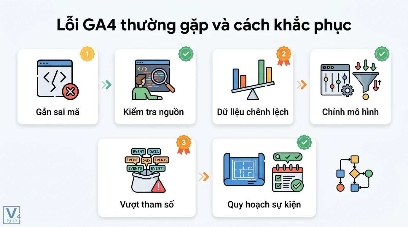 GA4 là gì? Hướng dẫn cài đặt và theo dõi sự kiện cho người mới 3 Cách khắc phục lỗi GA4 thường gặp gồm kiểm tra mã nguồn, điều chỉnh mô hình phân bổ dữ liệu và quy hoạch sự kiện để báo cáo luôn chính xác