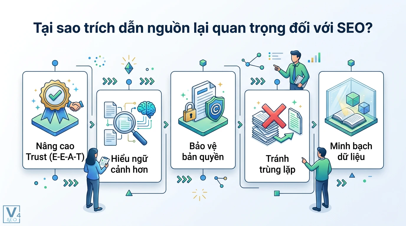 Cách ghi nguồn & trích dẫn đúng chuẩn SEO để tăng uy tín E-E-A-T 5 Sai lầm khi trích dẫn nguồn gồm trích dẫn quá dài, dẫn link kém chất lượng hại E-E-A-T, thiếu link gốc và dùng sai thẻ HTML blockquote