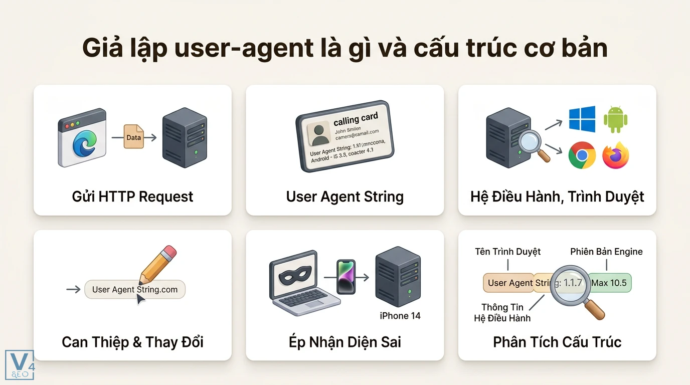Giả lập user-agent là gì? Cách đổi UA an toàn cho MMO, Marketing 1 Giả lập user-agent và cấu trúc chuỗi định danh gồm trình duyệt hệ điều hành và phiên bản engine render để thay đổi thông tin gửi máy chủ