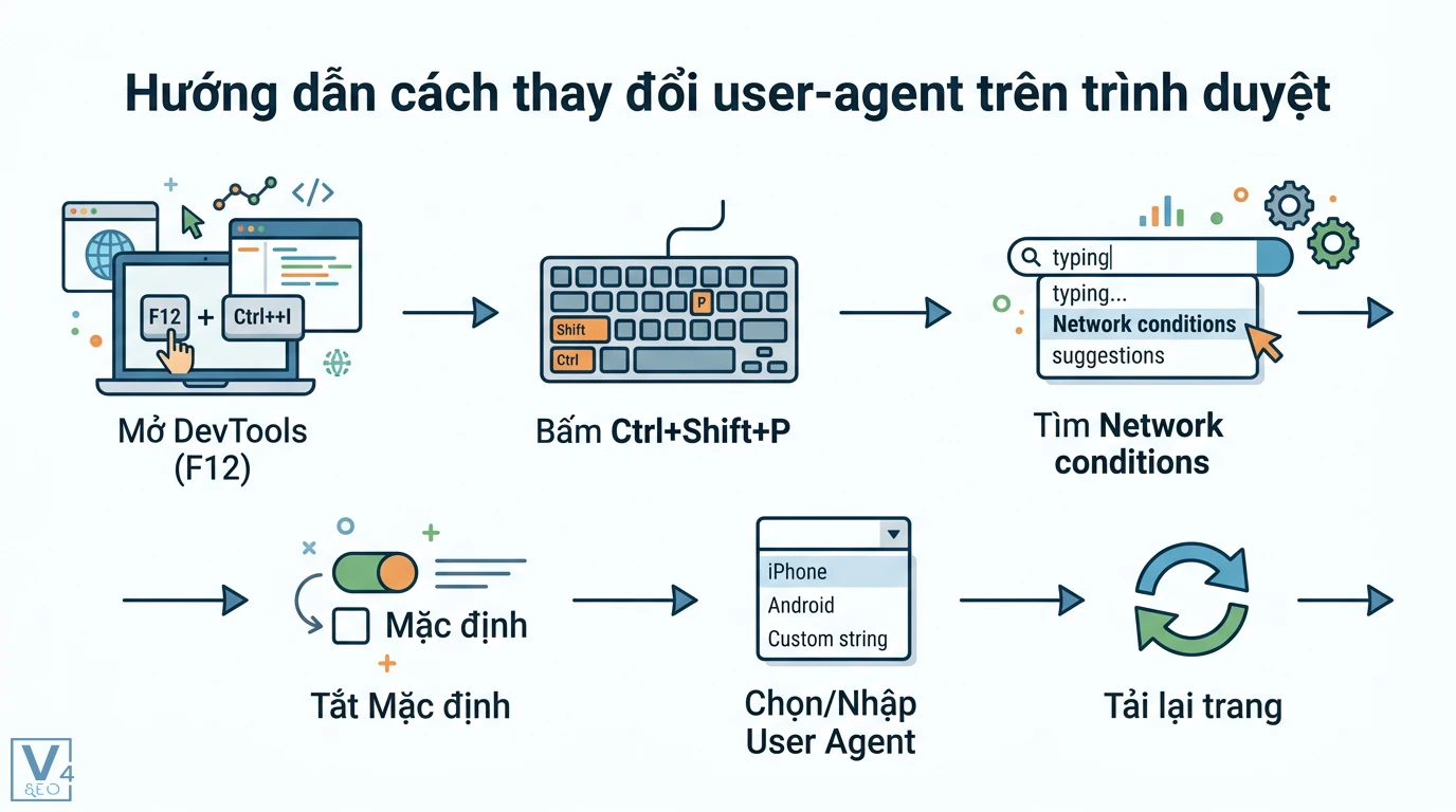 Giả lập user-agent là gì? Cách đổi UA an toàn cho MMO, Marketing 2 Các bước thay đổi user-agent trên trình duyệt qua DevTools F12 và lệnh Network conditions để giả lập thiết bị di động rồi tải lại trang