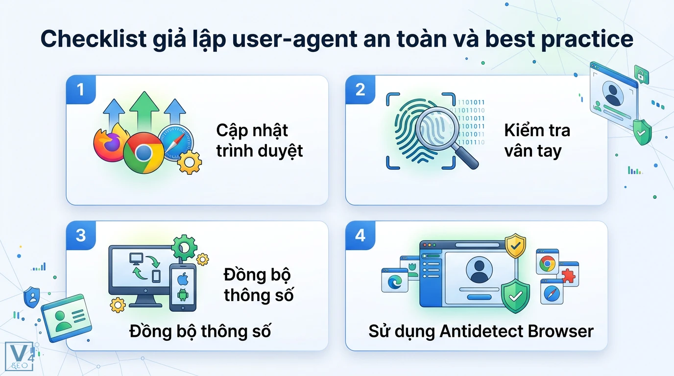 Giả lập user-agent là gì? Cách đổi UA an toàn cho MMO, Marketing 3 Checklist giả lập user-agent an toàn bằng cách cập nhật trình duyệt, kiểm tra dấu vân tay, đồng bộ thông số và sử dụng Antidetect Browser