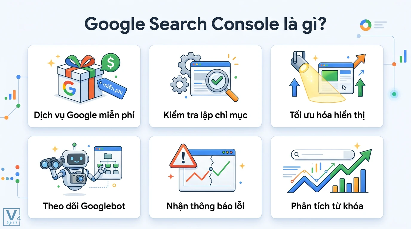 Google Search Console là gì? Cách cài đặt và sửa lỗi Indexing 1 Google Search Console là dịch vụ miễn phí giúp kiểm tra lập chỉ mục, tối ưu hiển thị, theo dõi Googlebot, báo lỗi và phân tích từ khóa