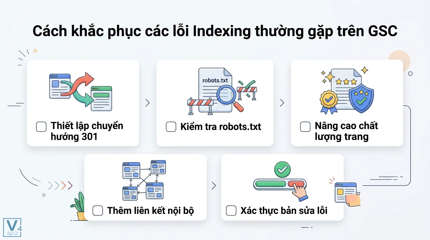 Google Search Console là gì? Cách cài đặt và sửa lỗi Indexing 3 Khắc phục lỗi Indexing trên GSC gồm chuyển hướng 301, kiểm tra robots.txt, nâng cao chất lượng trang, liên kết nội bộ và xác thực bản sửa lỗi