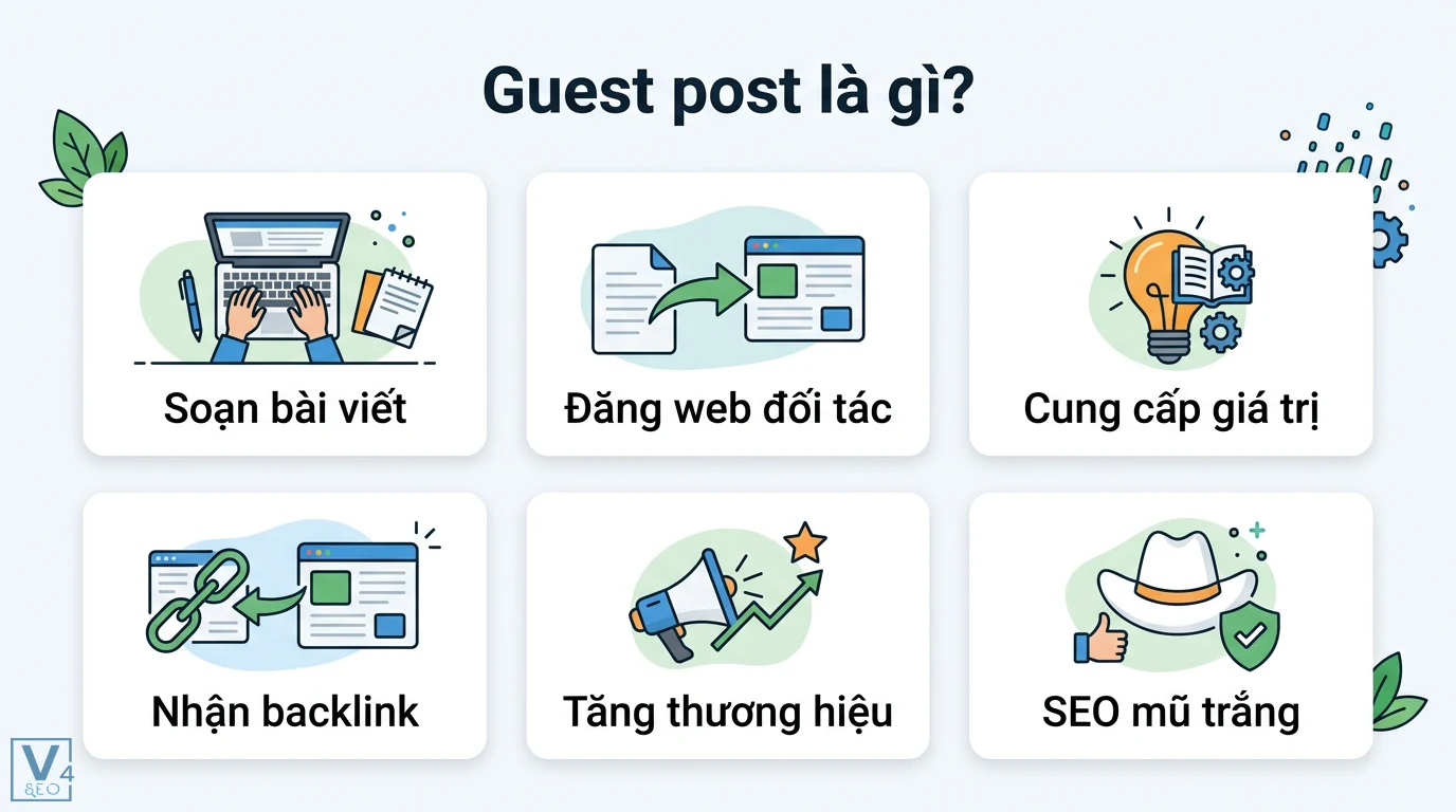 Guest post là gì? Hướng dẫn xây dựng backlink chuẩn E-E-A-T 2026 1 Guest post là quy trình soạn bài viết chất lượng, đăng lên web đối tác để cung cấp giá trị, nhận backlink, tăng thương hiệu và làm SEO mũ trắng