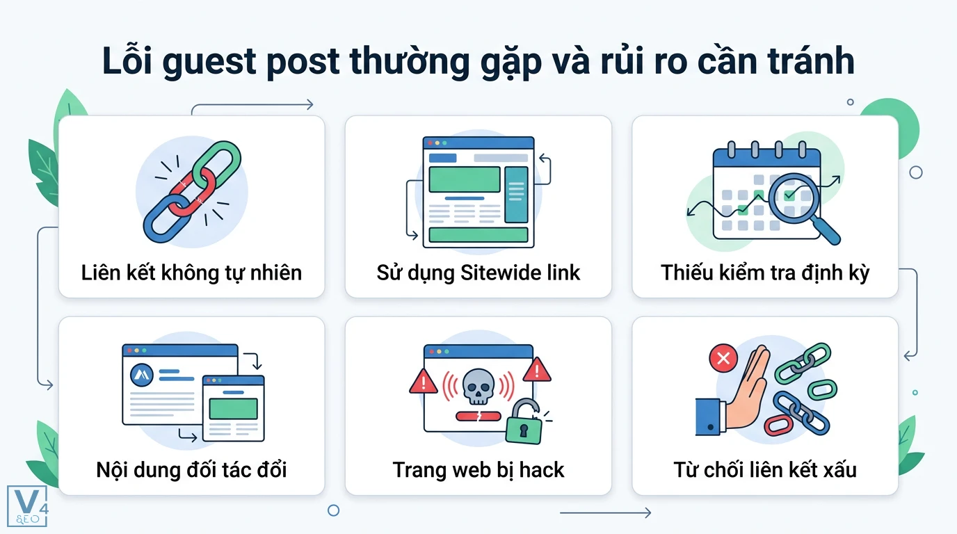 Guest post là gì? Hướng dẫn xây dựng backlink chuẩn E-E-A-T 2026 3 Lỗi guest post thường gặp như liên kết không tự nhiên, sitewide link, thiếu kiểm tra định kỳ, trang web bị hack và từ chối liên kết xấu
