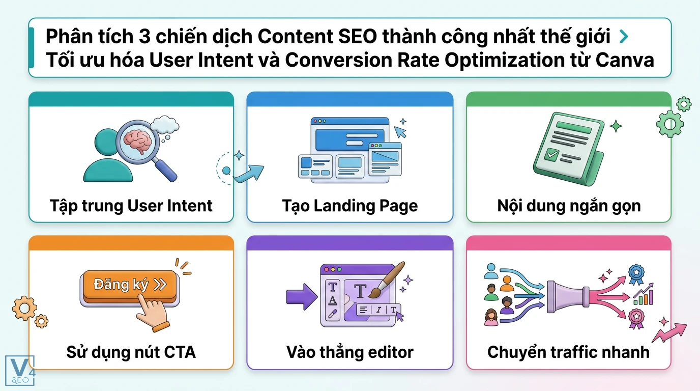 Học hỏi từ những chiến dịch Content SEO thành công nhất thế giới 2 Chiến lược Canva tối ưu User Intent và Conversion Rate Optimization qua Landing Page mẫu, nội dung ngắn gọn cùng nút CTA để chuyển đổi traffic nhanh