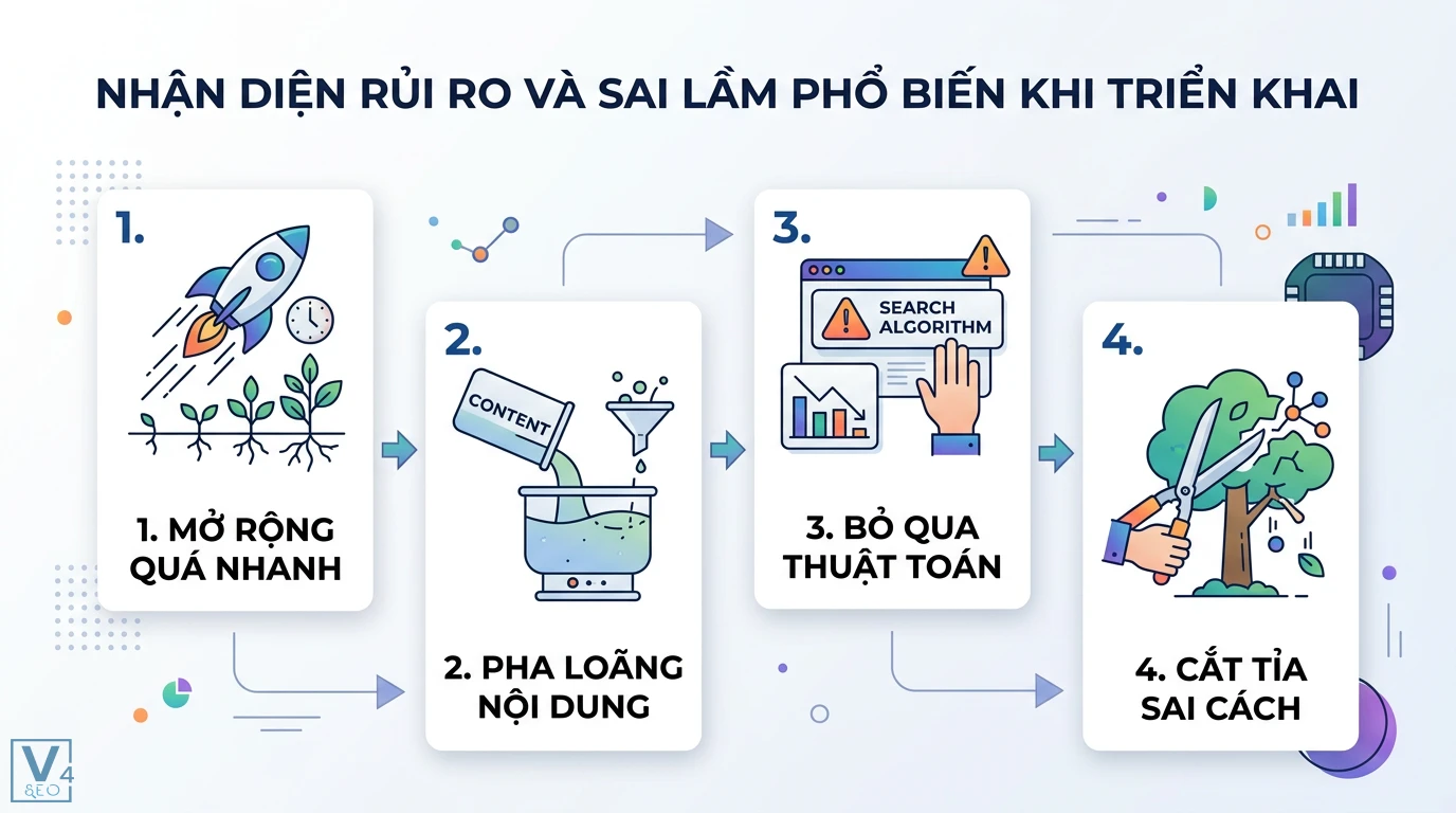 Học hỏi từ những chiến dịch Content SEO thành công nhất thế giới 3 Nhận diện rủi ro SEO gồm mở rộng quá nhanh, pha loãng nội dung, bỏ qua thuật toán Search Algorithm và cắt tỉa nội dung sai cách từ v4seo