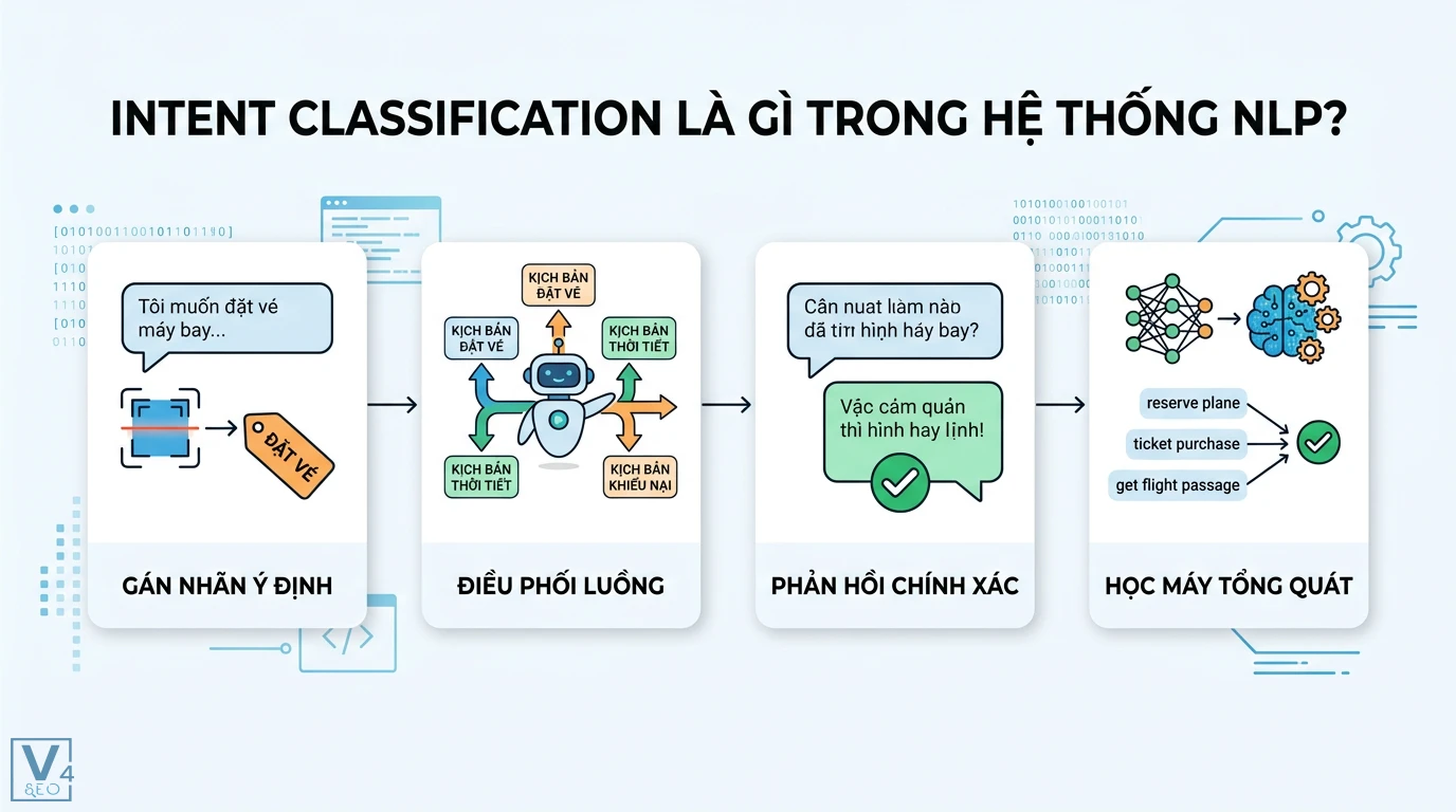 Phân loại intent tự động bằng Machine Learning từ cơ bản đến LLM 3 Phân loại intent với Python gồm cài đặt thư viện, chuẩn bị dữ liệu CSV, xây dựng pipeline SVM, huấn luyện, dự đoán ý định và đánh giá hiệu quả
