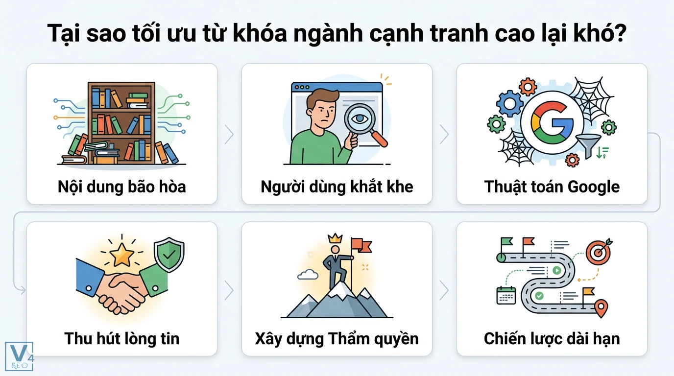 Học từ case study: Cách tăng thứ hạng từ khóa cạnh tranh cao 1 Thách thức tối ưu từ khóa cạnh tranh cao gồm nội dung bão hòa, thuật toán Google và xây dựng thẩm quyền chủ đề bằng chiến lược dài hạn