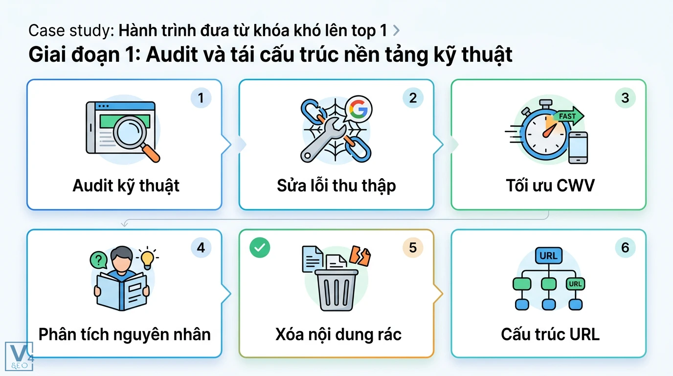 Học từ case study: Cách tăng thứ hạng từ khóa cạnh tranh cao 2 Quy trình audit và tái cấu trúc nền tảng kỹ thuật gồm sửa lỗi thu thập, tối ưu CWV, phân tích nguyên nhân, xóa nội dung rác và cấu trúc URL