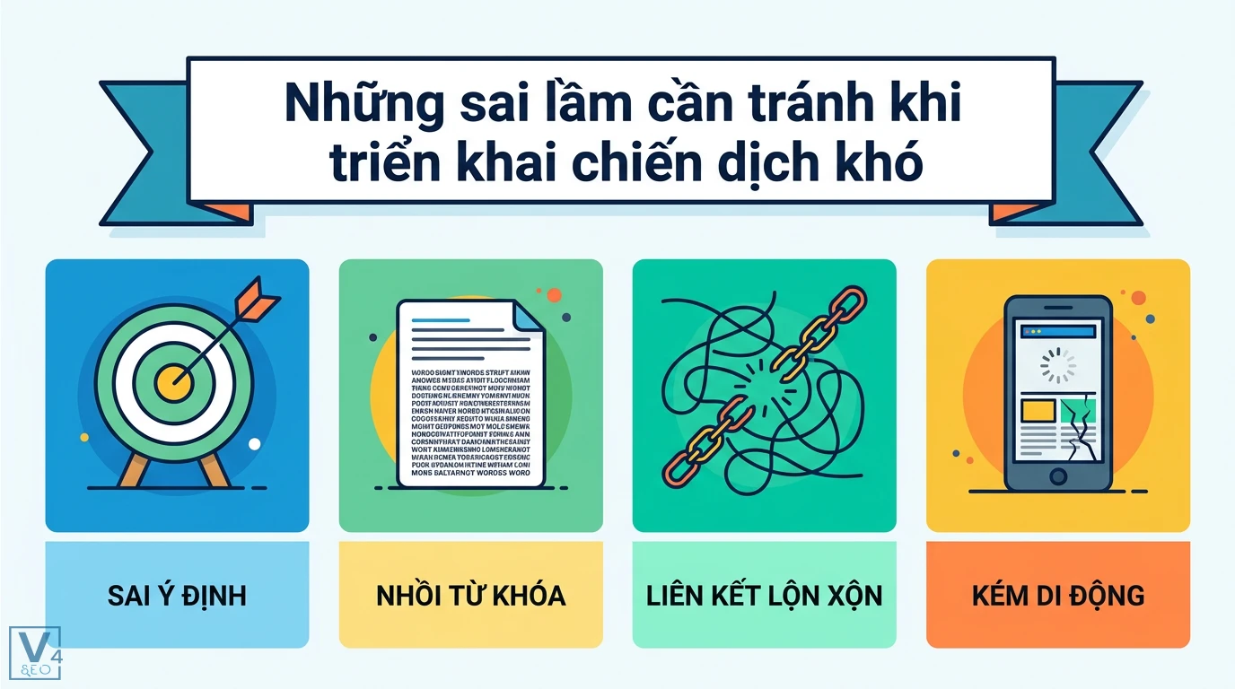 Học từ case study: Cách tăng thứ hạng từ khóa cạnh tranh cao 3 Sai lầm cần tránh khi triển khai chiến dịch SEO gồm sai ý định tìm kiếm, nhồi nhét từ khóa, liên kết lộn xộn và trải nghiệm di động kém